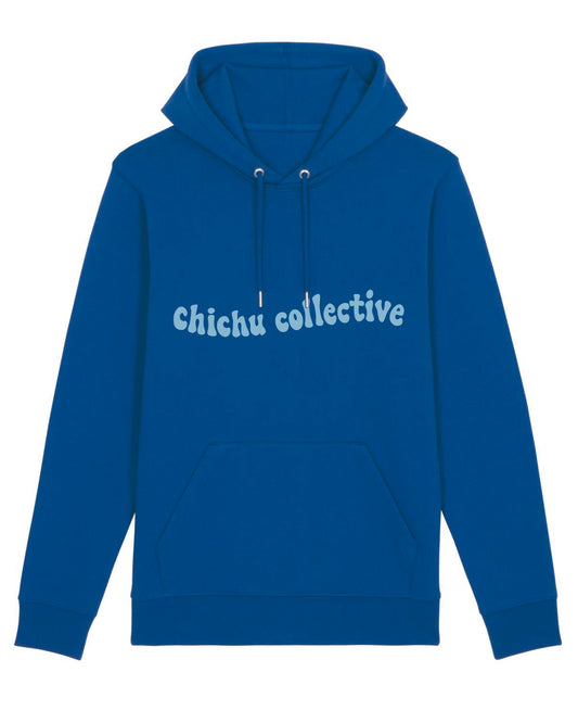 Royal blue hoodie front view with "chichu collective" printed on the chest in light blue.